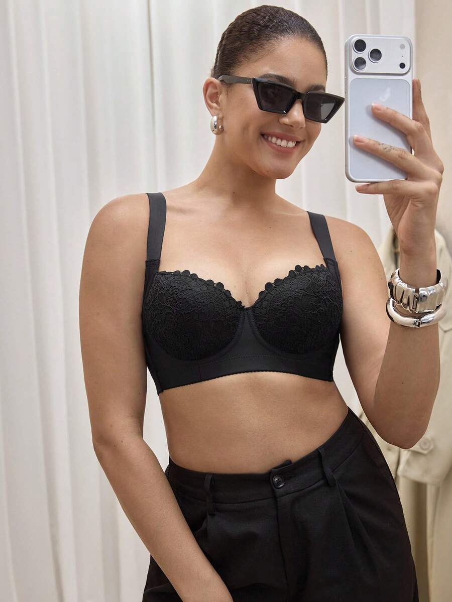 Bralution 1pc Women's Adjustable Seamless Wireless Bra, Comfy & Soft With Wide Strap For Shaping & Support Lingerie - Black - View 1