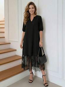 女士日常穿着假日春夏V领蕾丝下摆休闲连衣裙，女士夏季休闲连衣裙，优雅休闲连衣裙，女士黑色蕾丝连衣裙，夏季连衣裙，女士优雅连衣裙，黑色连衣裙 - 黑色 - 查看 4