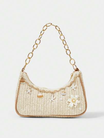 SHECARRY 一套花卉钩编沙滩手提包和配饰，时尚个性化沙滩度假风贝壳蕾丝女士斜挎包