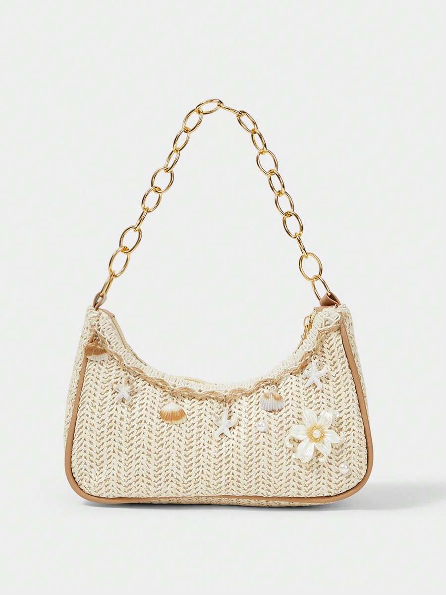 SHECARRY A Set Of Floral Crocheted Beach Handbags And Accessories, Stylish Personalized Beach Resort Style Shell Lace Lady Messenger Bag - Shoulder bag chain sticker lace lily pearl - View 1