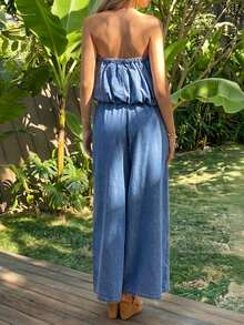 Sunnyshic Áo quây xếp ly thắt nút dành cho nữ và quần jeans ống rộng có túi - Trang phục thường ngày cho kỳ nghỉ. - Màu xanh lam - Xem 2