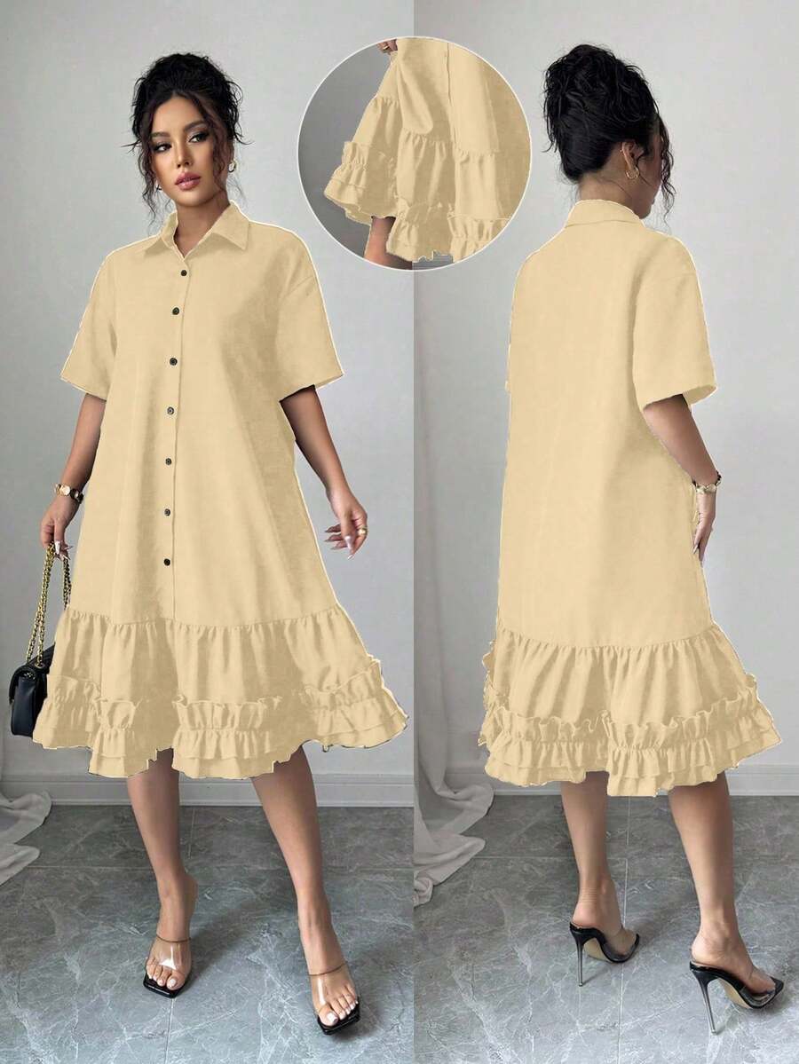 Selianne Women's Summer Loose Artistic Design Frill Trim Patchwork Dress Tea Party Orange Casual - Apricot - View 1