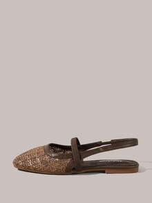 Styleloop Zapatos planos de mujer tipo slip-on, mules de talón abierto, decoración con tira tejida transpirable, puntera cuadrada de bajo perfil, cómodos y elegantes zapatos tipo Mary Jane, estilo bohemio, perfectos para vacaciones y viajes - Marrón Chocolate - Ver 3