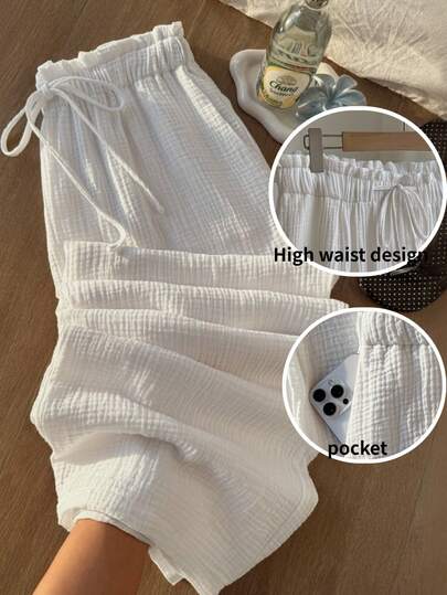 Comfortcana Quần dài mùa hè cỡ lớn chất liệu cotton, cạp chun hình cánh hoa, thoải mái, dáng thẳng, màu trắng, thích hợp cho kỳ nghỉ.