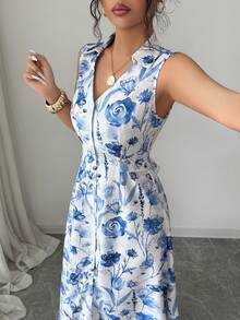 SHEIN Elenzya Đầm dài nữ kiểu retro màu xanh trắng họa tiết sứ, cổ chữ V, không tay, cài cúc đơn, thắt nơ eo, thanh lịch, thích hợp cho kỳ nghỉ, dạo phố, đi biển, đi làm, hẹn hò công sở, mùa xuân hè. - Nhiều màu - Xem 4
