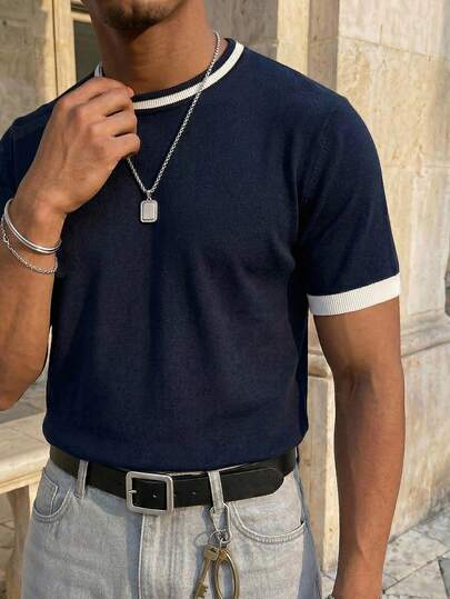 RivetRise Camiseta casual de punto de manga corta con cuello redondo y parches de unicolor para hombre