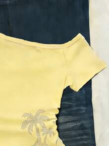 Áo thun nữ tay ngắn in hình cây cọ, vai lệch, - Xám - Xem 5