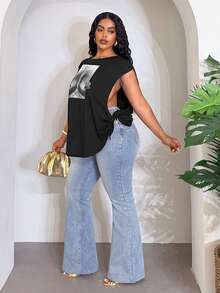 Slaydiva Women's Black And White Graphic Print Loose T-Shirt, Summer Casual Sexy Everyday Date Night Plus Size Sleeveless Tee, New Fashion Streetwear Top - Black - View 14