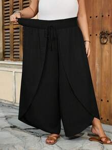 SHEIN CURVE+ Quần ống loe dáng suông, size US22, thích hợp cho các lễ hội âm nhạc, kỳ nghỉ biển, phong cách bohemian, màu trơn, thời trang thường ngày, phù hợp mặc mùa hè. - màu đen - Xem 9