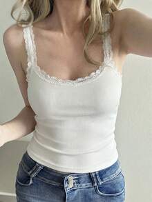 DAZY 女士纯色蕾丝边吊带背心 夏季 - 米色 - 查看 3