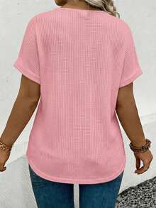EMERY ROSE Plus Size Women's Fashion Casual Versatile Bestselling Neon Color V-Neck Short Sleeve T-Shirt - Pink - View 2