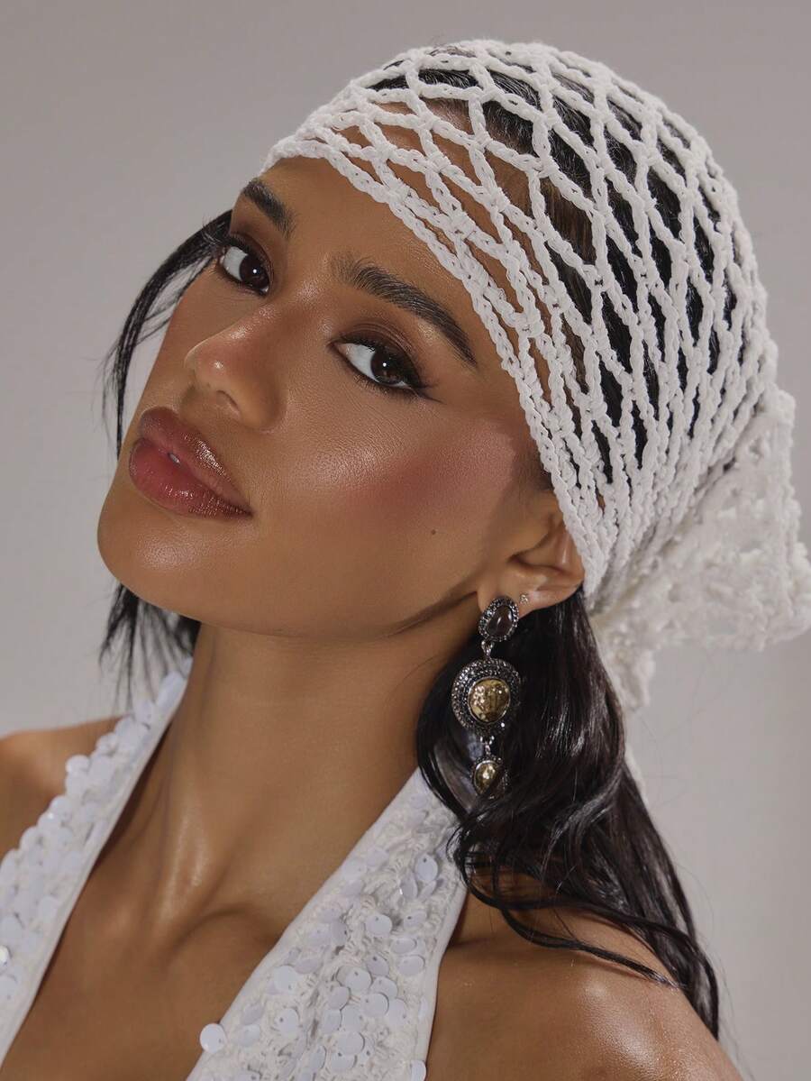 MUSERA 1 Piece Stylish And Simple Hollow Hand Crocheted White Large Triangular Scarf Women's Headscarf - White - View 1