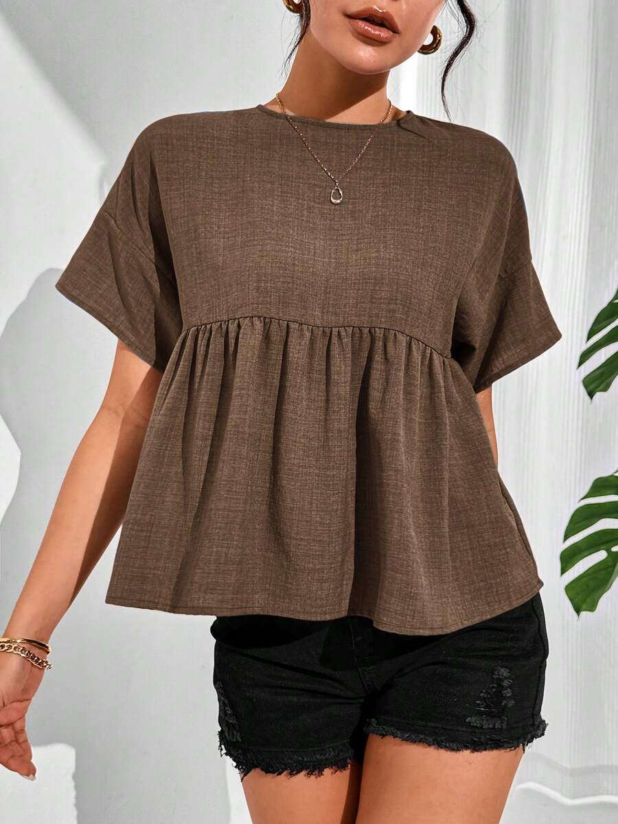 SHEIN Essnce Women's Solid Color Round Neck Loose Fit Babydoll Blouse,Summer Top - Coffee Brown - View 1