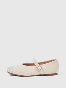 Sleekvia Women's Wanita Vintage Beludru Perancis Temperam Lembut Elegan Berlian Air Sepatu Mary Jane Wanita Satu Kata Button Sepatu Sole Flat - Off-white - View 6