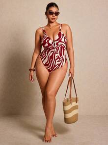 Elaquor 大码女士度假沙滩印花性感连体泳衣 - 紅色 - 查看 4