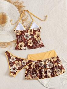 Bellisia Bộ đồ 3 món dành cho nữ mùa xuân/hè, phong cách lễ hội âm nhạc biển, họa tiết hoa phối màu, kiểu áo choàng buộc dây, xếp ly ở gấu áo. - Nhiều màu - Xem 2