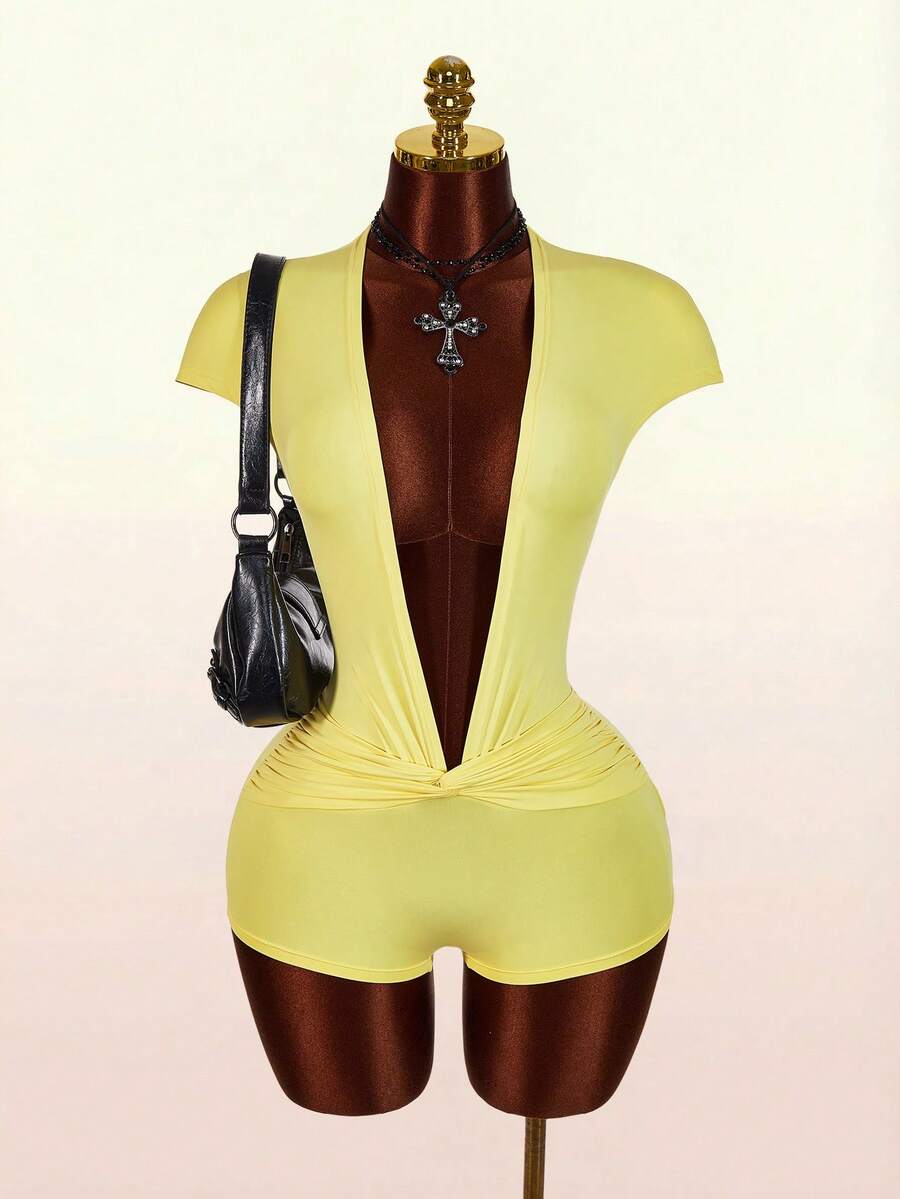 Amplova Deep Draped Neck Twist Front Jumpsuit With Ruched Sleeves - Light Yellow - View 1