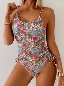 Swim Mod Women's Summer Beach Vacation Floral Print Spaghetti Strap Backless Drawstring Sides Slim-Fit One-Piece Swimsuit - Multicolor - View 3