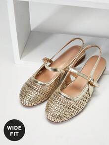SHUZIA Ladies Wide Fit Crochet Woven PU Slingback Mules - Gold - View 1
