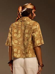 Athîral Women's Casual Vacation Denim Printed Short Sleeved Collar Shirt, Spring And Summer Styles, Summer Women's Shirts, New Women's Clothing, Women's Holiday Wear, Paisley Printed Shirt, Casual Short Sleeved Shirt Top, Date And Party Dressing, Street Dressing, Handsome Dressing, Relaxed Dressing - Khaki - View 2