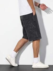 Manfinity Homme 男士夏季黑灰色牛仔短裤，时尚休闲牛仔裤 - 黑色 - 查看 7