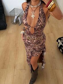 Coolane Women's Summer Hippie Vacation Outfits Backless Ruffle All-Over Leopard Print Hollow Out Backless Sexy Sleeveless Bodysuit Long Dress - Multicolor - View 6