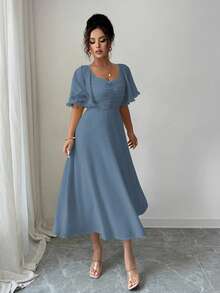 Modelyn Đầm mùa hè kiểu Pháp dành cho nữ, màu vàng bơ trơn, chất liệu chiffon, thiết kế tay bồng. - Xám Xanh - Xem 8