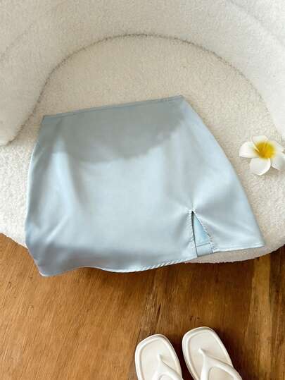 Elamini Chân váy xẻ tà màu trơn kiểu dáng thường ngày, thích hợp cho mùa hè.