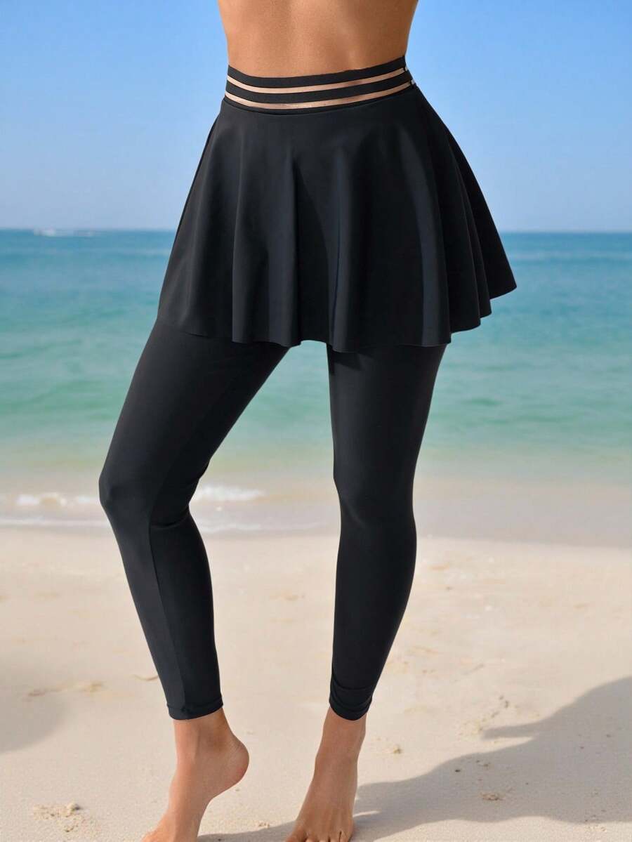 Swim Mulvari Quần ống bó màu đen kín đáo dành cho nữ mùa hè, quần bơi phối họa tiết khoét rỗng với thắt lưng, trang phục đi biển. - màu đen - Xem 1