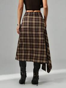 SHEIN PETITE 2025新款极简主义冬季女士棕色格子裹身不对称下摆时尚百搭半身裙,适合外出穿着,优雅连衣裙,女士休闲装,圣诞派对裙装,新年正式礼服,秋季,女士秋装,女士冬装 - 咖啡棕 - 查看 3