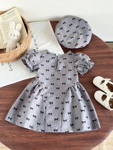 Souflis Souflis Bộ đồ mùa hè dễ thương cho bé gái, gồm váy và mũ beret kẻ caro in hoa cúc màu xanh dương, kiểu dáng thời trang, phù hợp cho bé mặc hàng ngày và đi chơi. - Xám - Xem 2