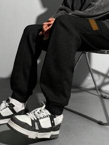 SHEIN Leap Crew 青少年男孩 1 件休闲百搭时尚街头风格修身贴袋夹缝编织标记设计运动裤返校服装；秋季服装；青少年男孩服装；儿童夹克 - 黑色 - 查看 7