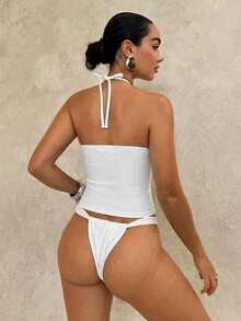Swim Glamine Women's Summer Beach Solid Color Halter Tie Fashionable Tankini Swimwear Set - White - View 2