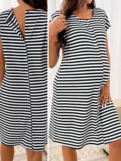 SHEIN 孕妇圆领短袖条纹休闲舒适透气夏季连衣裙