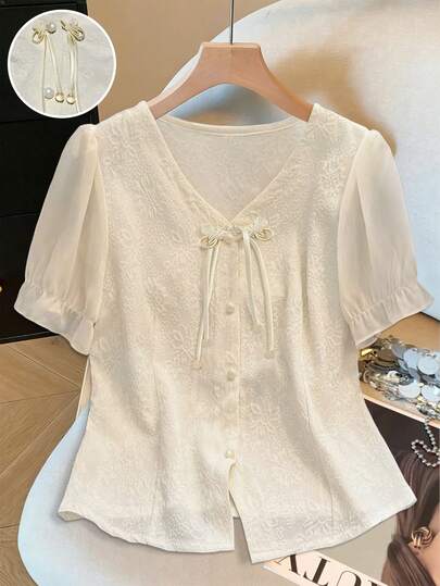 Franclia 新款中国风纽扣雪纺衬衫，女士短袖V领提花上衣，修身衬衫