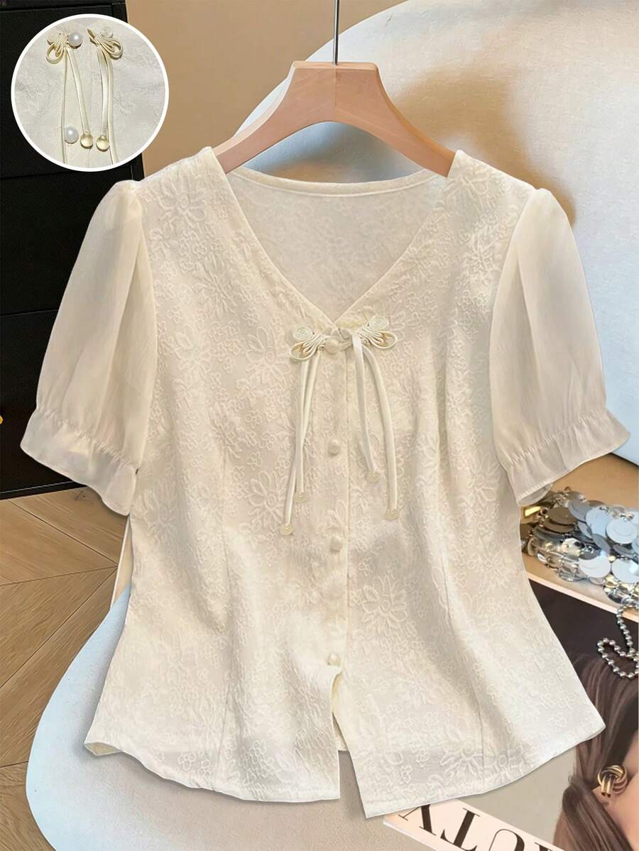 Franclia 新款中国风纽扣雪纺衬衫，女士短袖V领提花上衣，修身衬衫 - 白色 - 查看 1