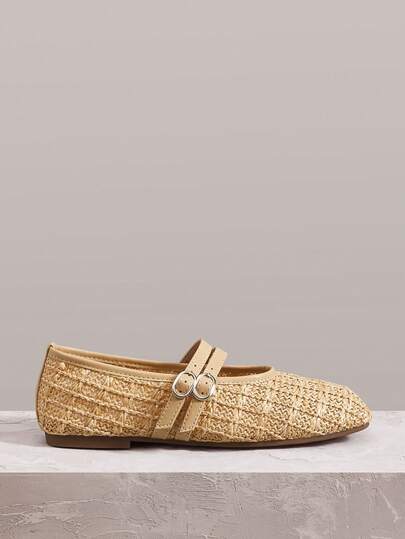 Styleloop Giày bệt nữ, quai ngang dệt thoáng khí, mũi vuông, thoải mái, thanh lịch kiểu Mary Jane, phụ kiện du lịch phong cách Bohemian.