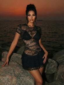 Sirith 女士时尚黑色性感蕾丝多层连衣裙 - 黑色 - 查看 2