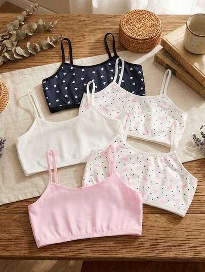 Set de 5 piezas Camiseta corta con estampado de mariposa dulce para niñas, camiseta interior esencial de moda minimalista