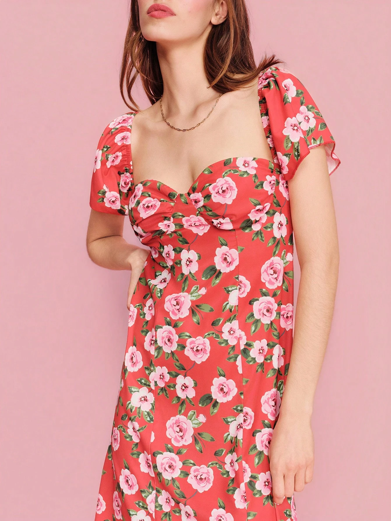 Pink Floral Print Red Woven Midi Dress With Short Sleeves And Open Back Detail Chic Spring Summer Holiday Dress Red Vacation Dress French Style Parisian Style