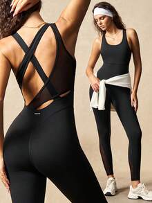VARSIVA 女士纯色交叉露背紧身连体裤 - 黑色 - 查看 1