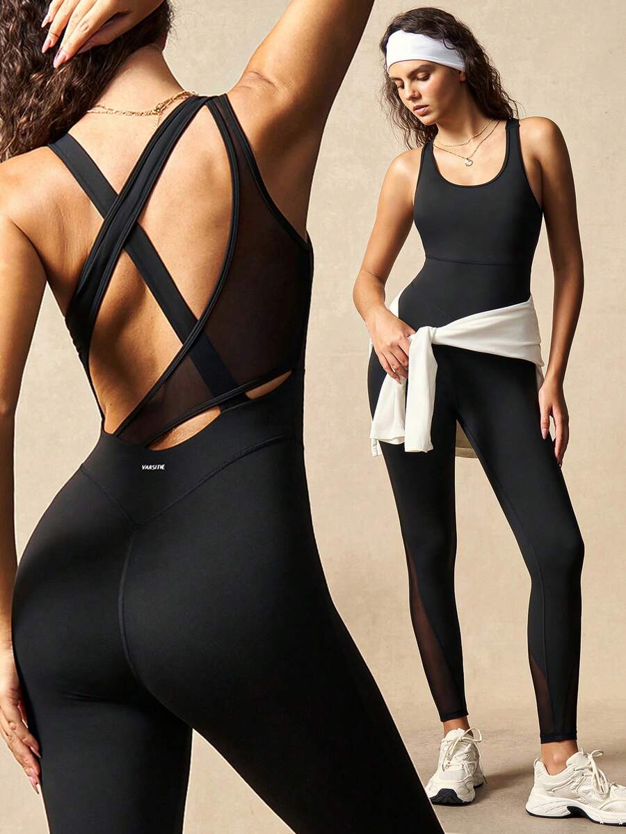 VARSIVA 女士纯色交叉露背紧身连体裤 - 黑色 - 查看 1