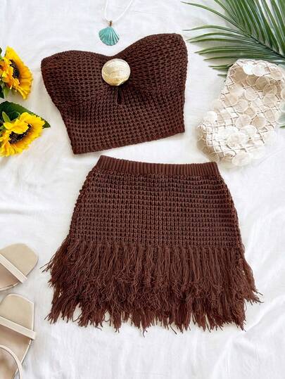 Soleia Bộ đồ 2 món dành cho nữ dịp lễ hội: Áo len dệt họa tiết và chân váy ngắn tua rua trang trí kim loại, thích hợp cho tiệc tùng, hẹn hò, kỳ nghỉ biển, trang phục mùa hè, lễ hội, tiệc trà chiều, mùa cưới, du thuyền ven biển, hoặc những chuyến đi chơi thành phố.