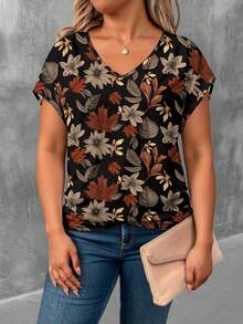 大码女式夏季碎花V领蝙蝠袖上衣，舒适休闲度假衬衫，植物印花，大码T恤 - 彩色 - 查看 5