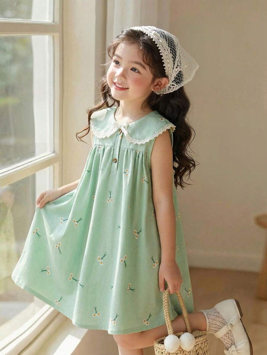 SHEIN Elladie kids 小女孩薄荷绿雏菊印花连衣裙,配可爱蝴蝶结和蕾丝花边彼得潘领,休闲甜美,适合日常、度假、通勤等场合,优雅百搭。 - 綠色 - 查看 1