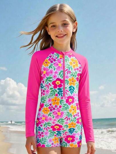 SHEIN Tween Girls One-Piece Swimsuit, Cute Multi-Color Floral, Leaf Print, Long Sleeve One-Piece Swimwear, Zipper Front, Solid Color Patchwork, Fashion Casual Elegant Suitable For Swimming, Summer Vacation, Beach, Pool