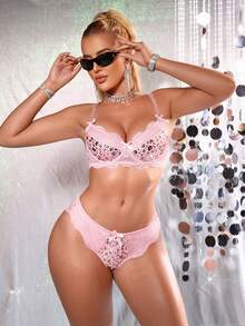 MidnightGlam Bộ đồ lót nữ 2 món ren + sequin (có gọng, quần lót tam giác), đồ lót gợi cảm cho nữ, người lớn, tuần trăng mật, nóng bỏng, hẹn hò, đồ lót, đồ lót ren gợi cảm, bộ đồ lót, trang phục gợi cảm - Hồng - Xem 3
