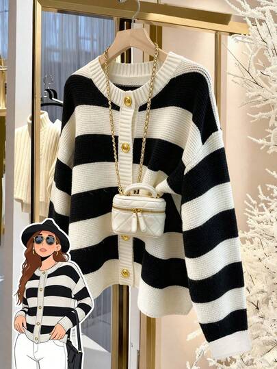 GlowEve CURVE Plus Size Striped Knit Cardigan, Loose And Slimming, Casual Outerwear For Autumn/Winter