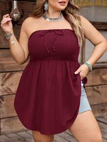 SHEIN CURVE+ Curve 尺码 US22 音乐节、海滨度假、波西米亚风黑色不对称下摆蕾丝饰边无袖系带荷叶边衬衫，春夏款 - 酒紅色 - 查看 6