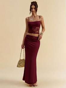 SHEIN BAE 女士夏季撞色蕾丝透视露脐吊带背心和迷你裙两件套 - 酒紅色 - 查看 2